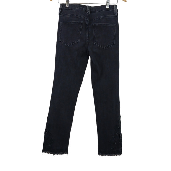 Free People SZ 25 Black High Rise Fringe Hem Jeans With BOHO Leg Cutouts - Picture 4 of 7